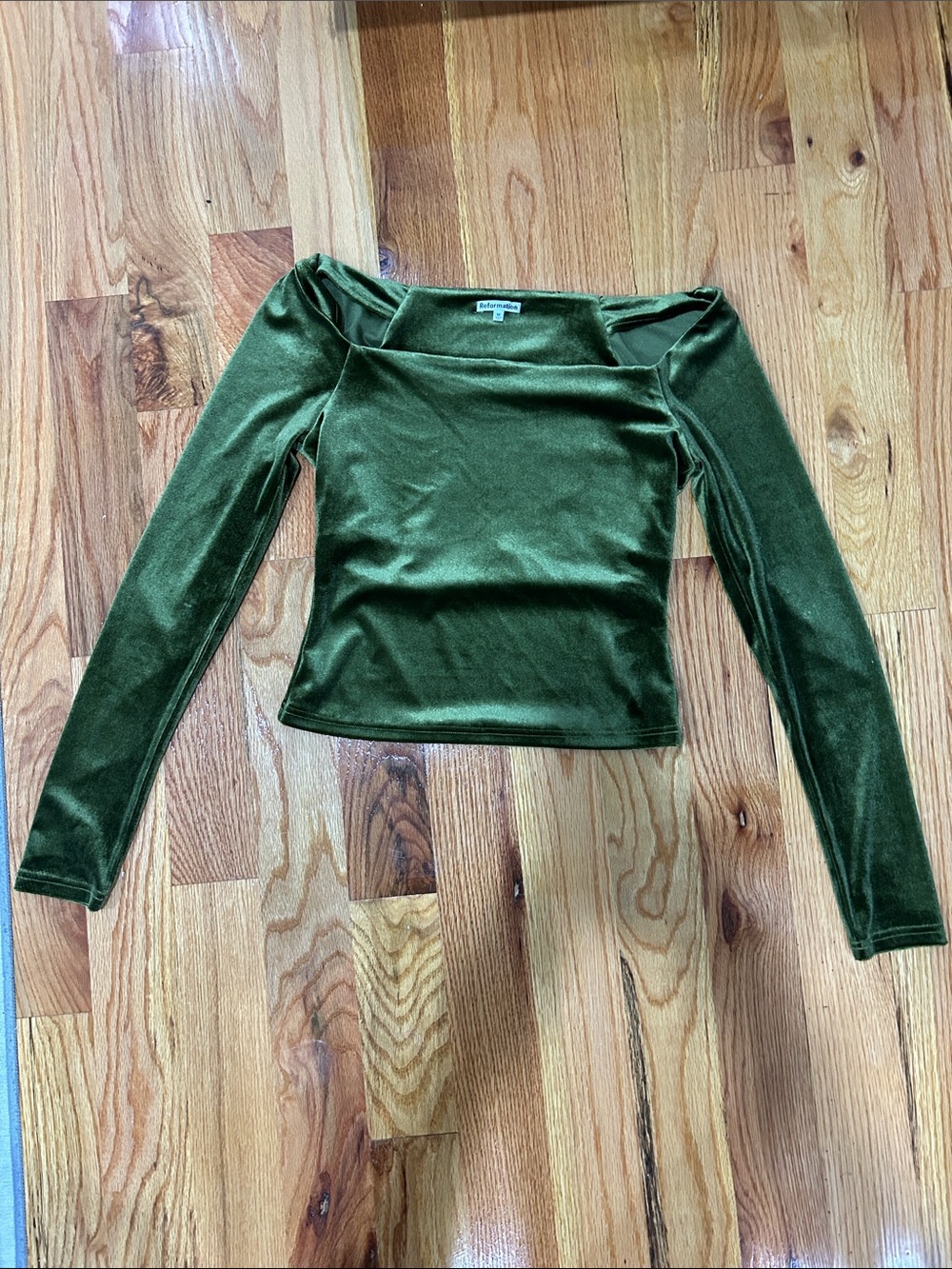 Reformation Olive Green Velvet Long Sleeve Square Neck Top